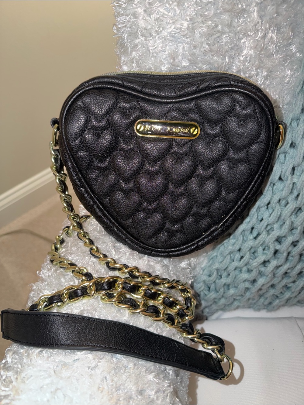 Betsey Johnson Black Quilted Heart-Shaped Crossbody with Gold Chain